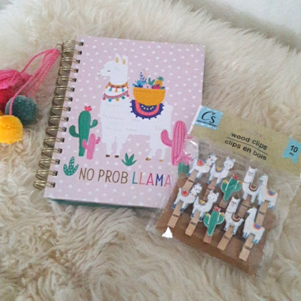 Set of 2 James Burke  No Prob LLAMA  Journal &  Miniature Llama Wooden Clips New